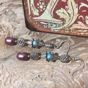 Freshwater Pearls Purple Blue Dangle Earrings Artisan Silver Natural Drop Floral